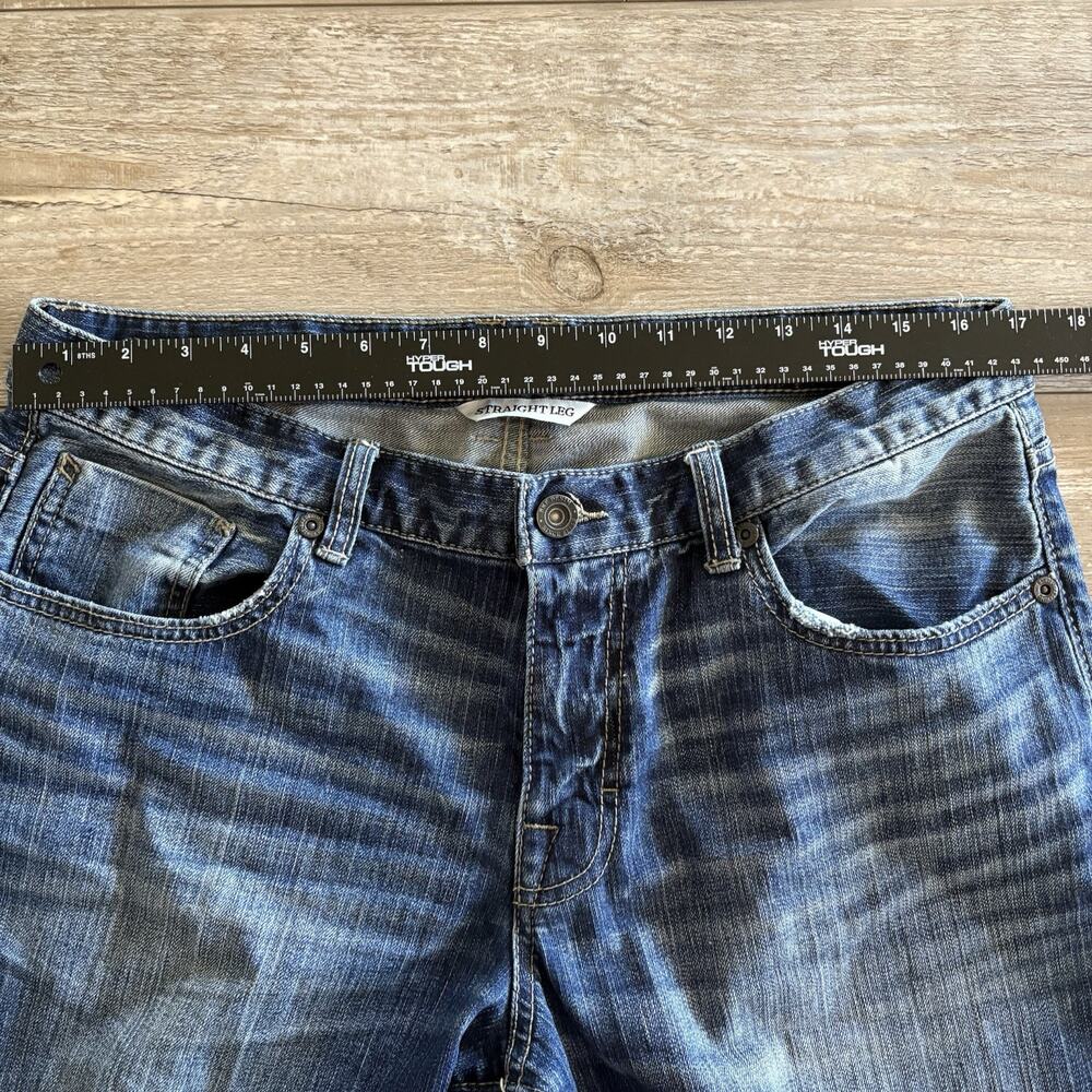 BKE Jeans Men 34L 34x34 Blue Nolan Straight Leg Distressed Whiskered Y2K Stretch - Picture 5 of 10